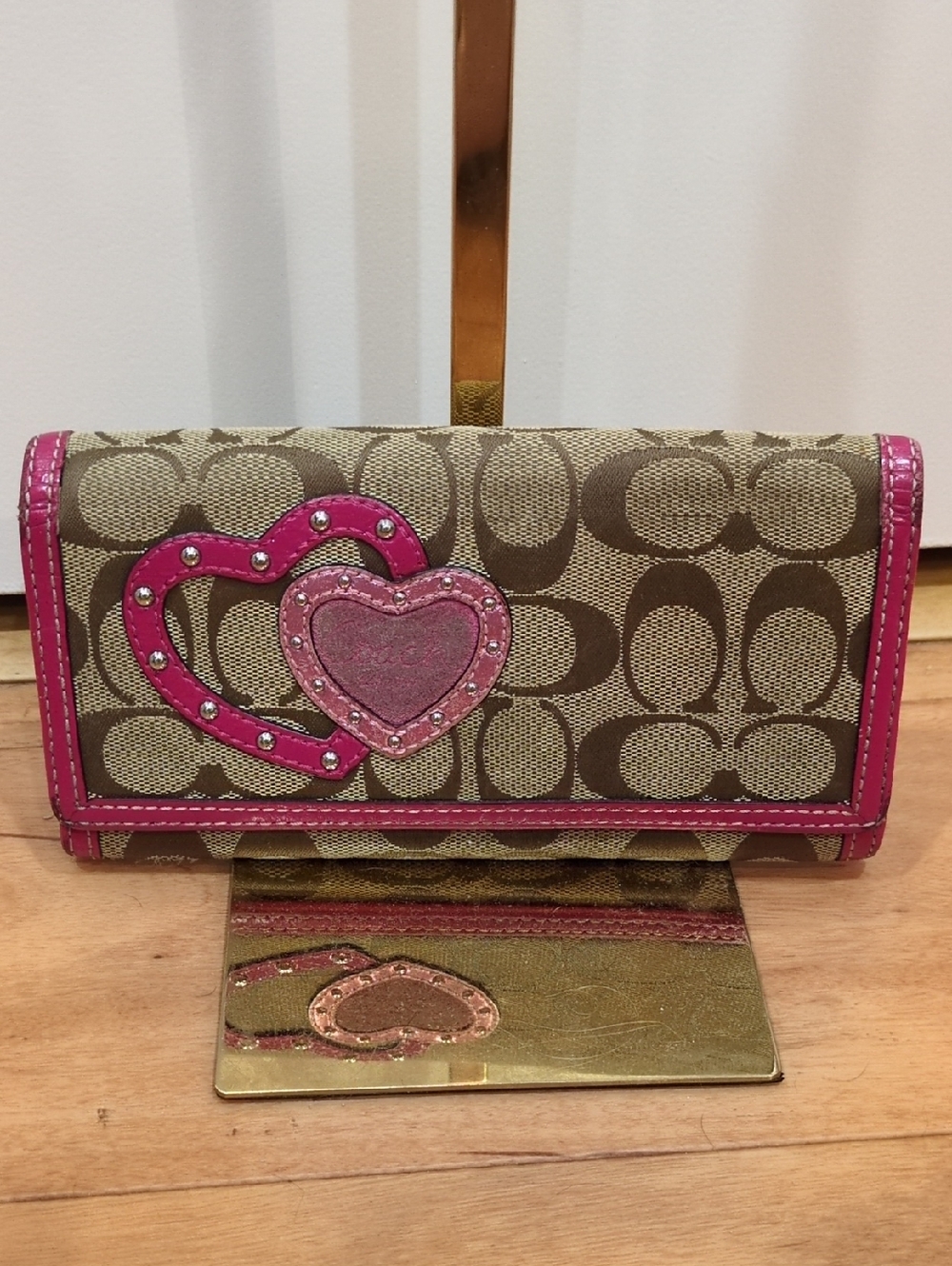 Coach Vintage Long Flap Signature Jacquard Wallet Pink Leather & Hearts PROJECT
